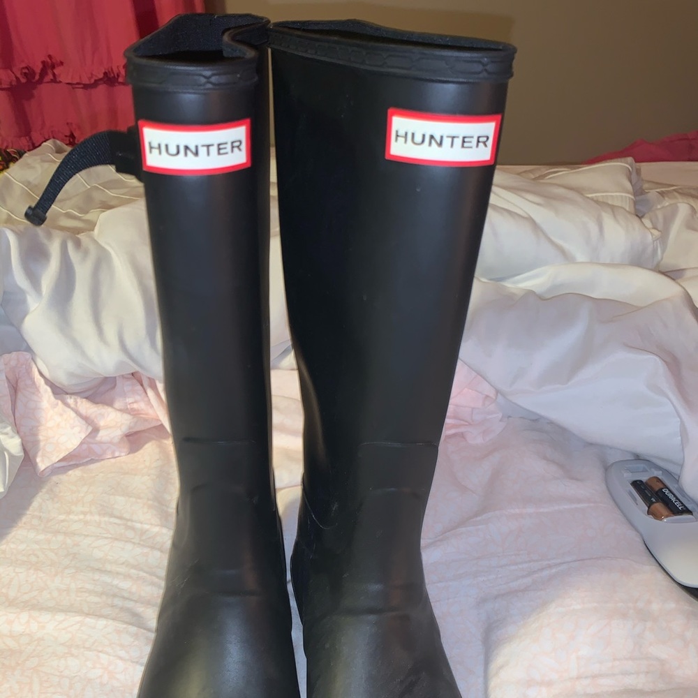 Black tall wide leg hunter boots